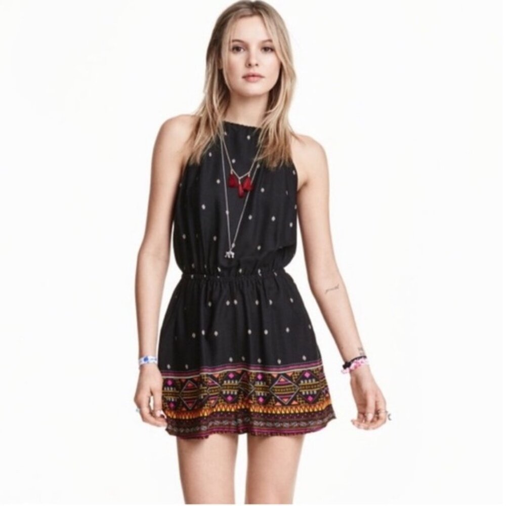 H&M COACHELLA Boho Romper Shorts Festival 10 Aztec Tribal Print Straps Jumpsuit